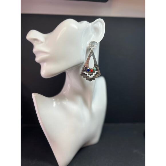 Vintage Navajo Joe Delgarito Sterling Silver Lapis Coral Turquoise Earrings - Picture 7 of 16